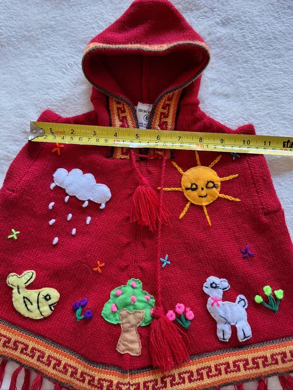 Handmade Peru Kids Hooded Poncho Sweater Red Llama Front Back 3D Infant 0 6-12M